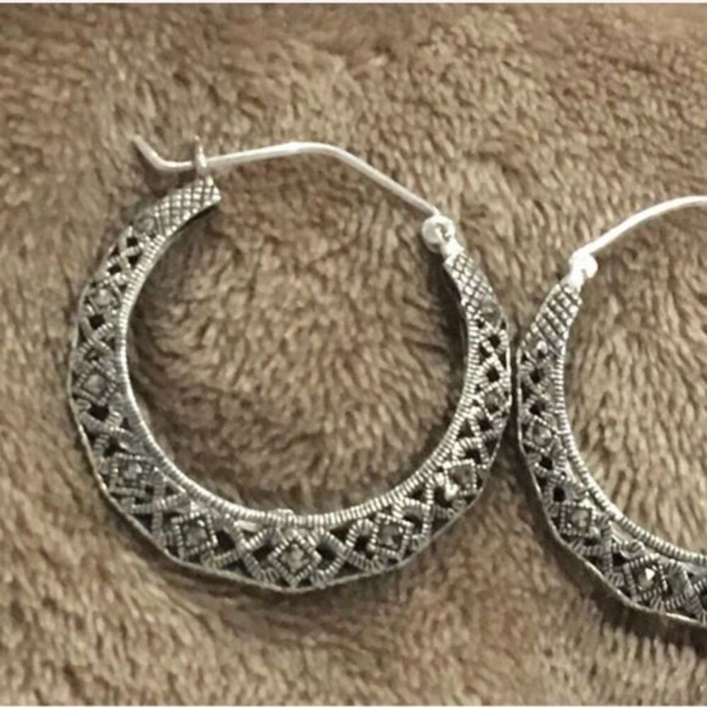 Vintage Sterling Silver Marcasite Cut Out Hinge Back Classic Hoops Earrings